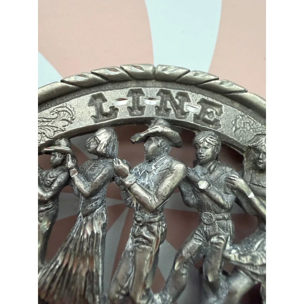 Vintage Line Dancing Belt Buckle Pewter Tone Western Country Cowboy Oval Relief